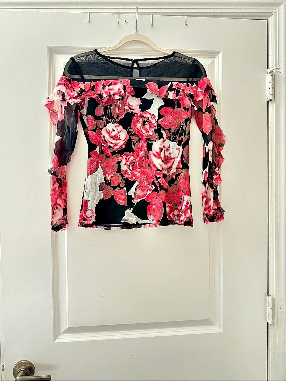 INC Y2K Floral Mesh Long Sleeve Blouse in Black & Pink Like New